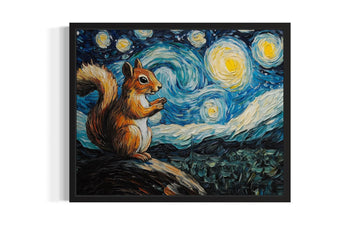 Squirrel Black Framed Art Print Poster, Animal Van Gogh Starry Night Nature Theme Wall art Painting Decor, Art Home