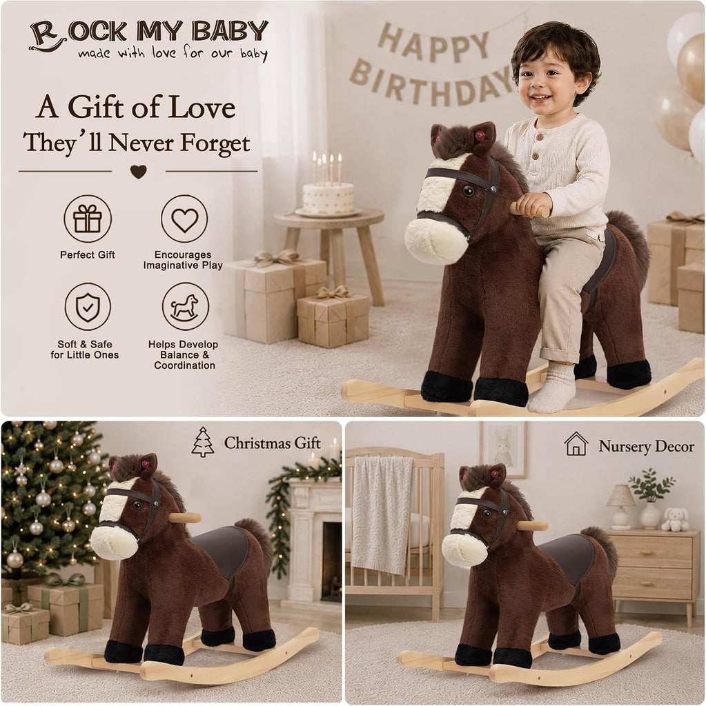 My Baby Rocking Horse, Dark Brown Horse Rocker for Toddlers 18M+, Plush Ride on Horse Toy with Realistic Sound,Soft