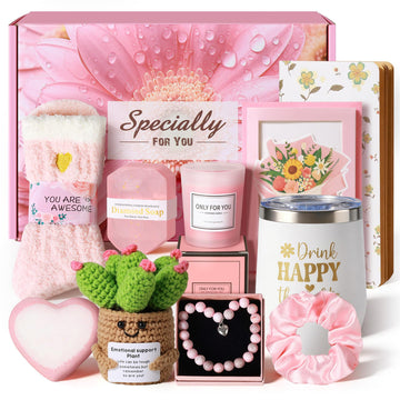 Birthday Gift Box for Women, 11 Pcs Spa Gift Basket, Self Care Page, Pink