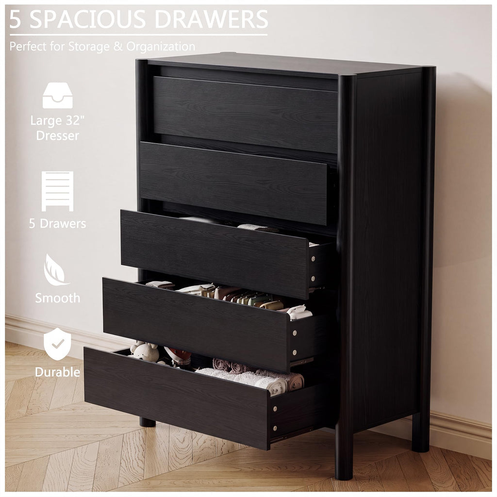 Black Dresser, 45" Tall 5 Drawer Mid Century Modern Chest