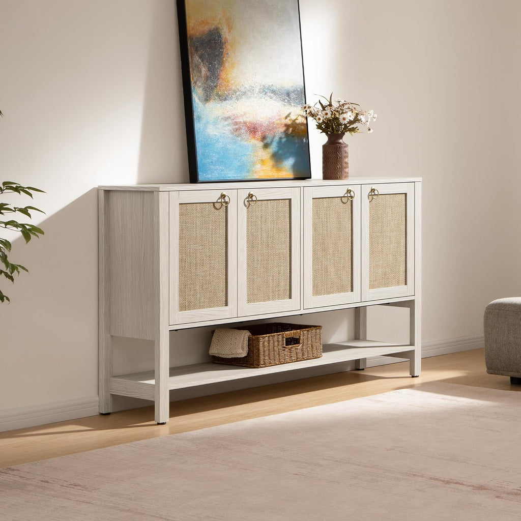 Sideboard Buffet Cabinet with Rattan Doors, 55" Boho Coffee Bar Cabinet with Open Shelf