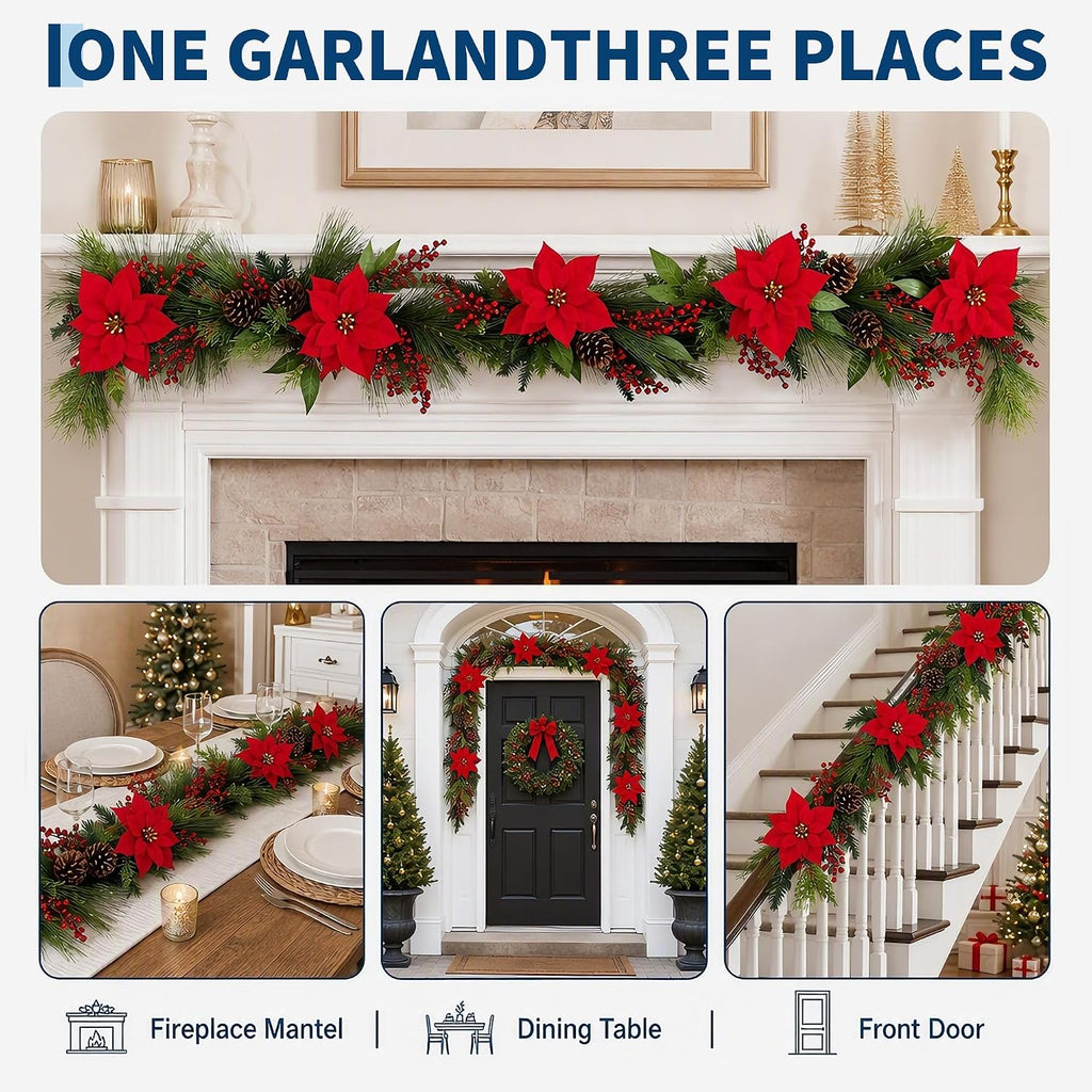 Christmas Pine Garland with Red Poinsettias, Pine Cones & Berries