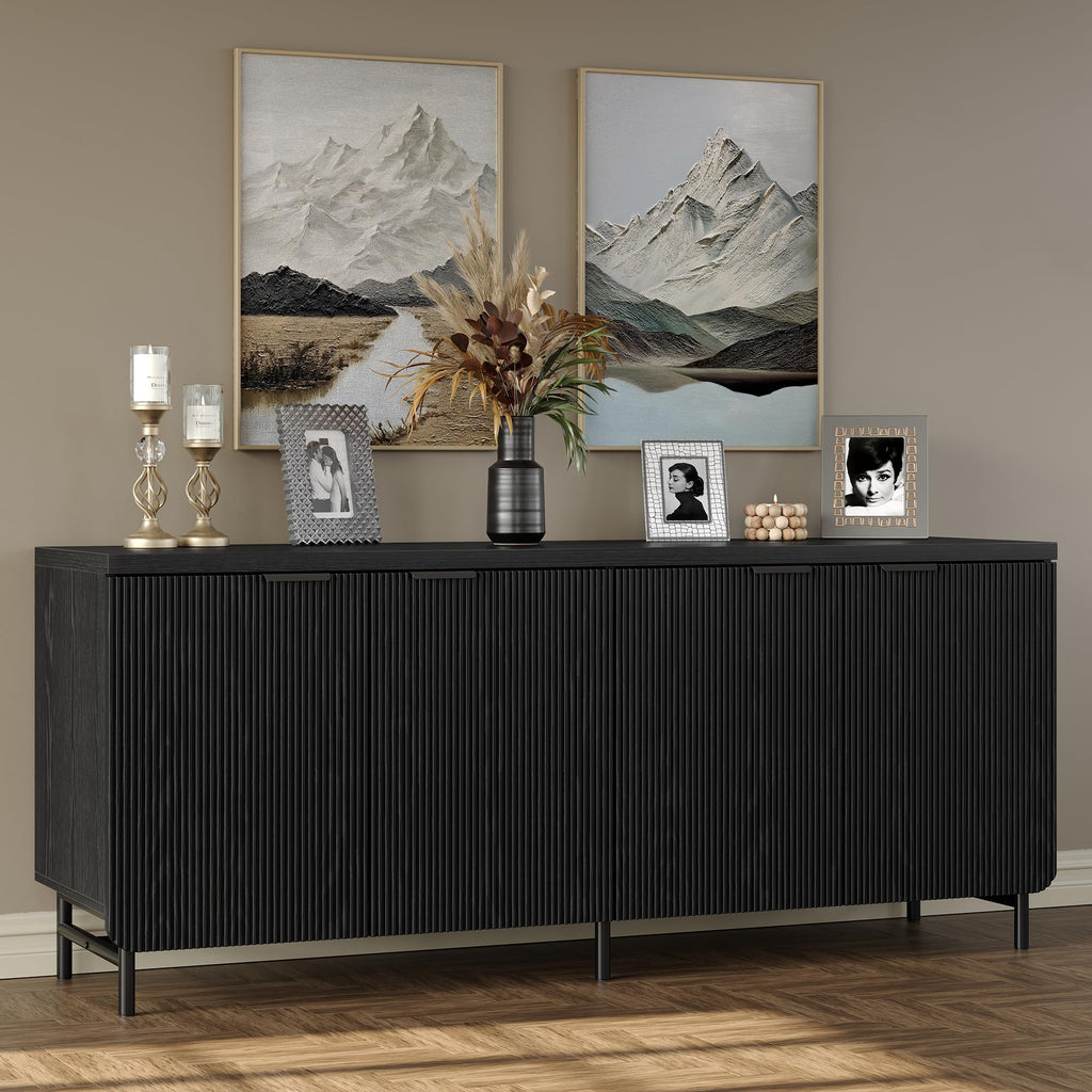 66.2''W Large Fluted Buffet Cabinet with 4 Doors & Shelves Wood Sideboard Buffet Table Storage Cabinet Modern Accent
