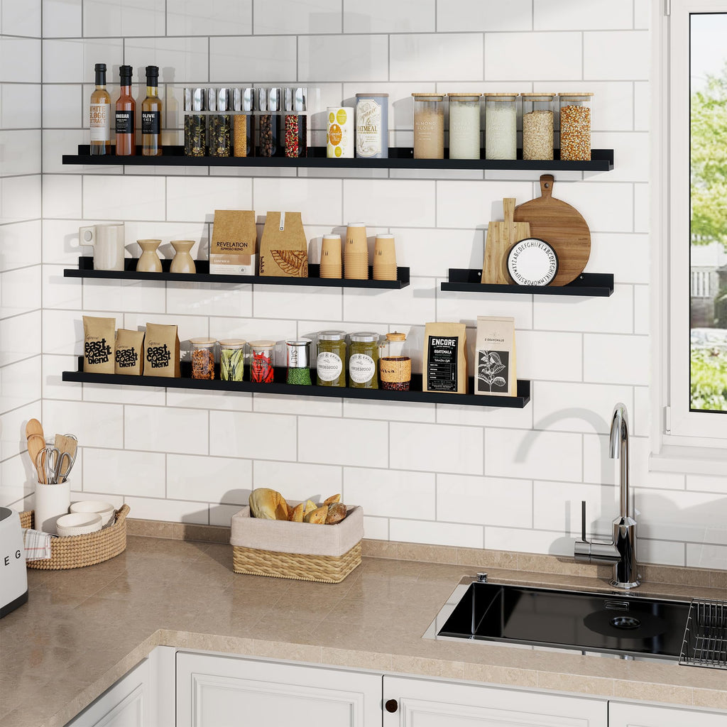 Picture Ledge Shelf, 44 inch Floating Shelves Set of 2, Black Wood Shelf