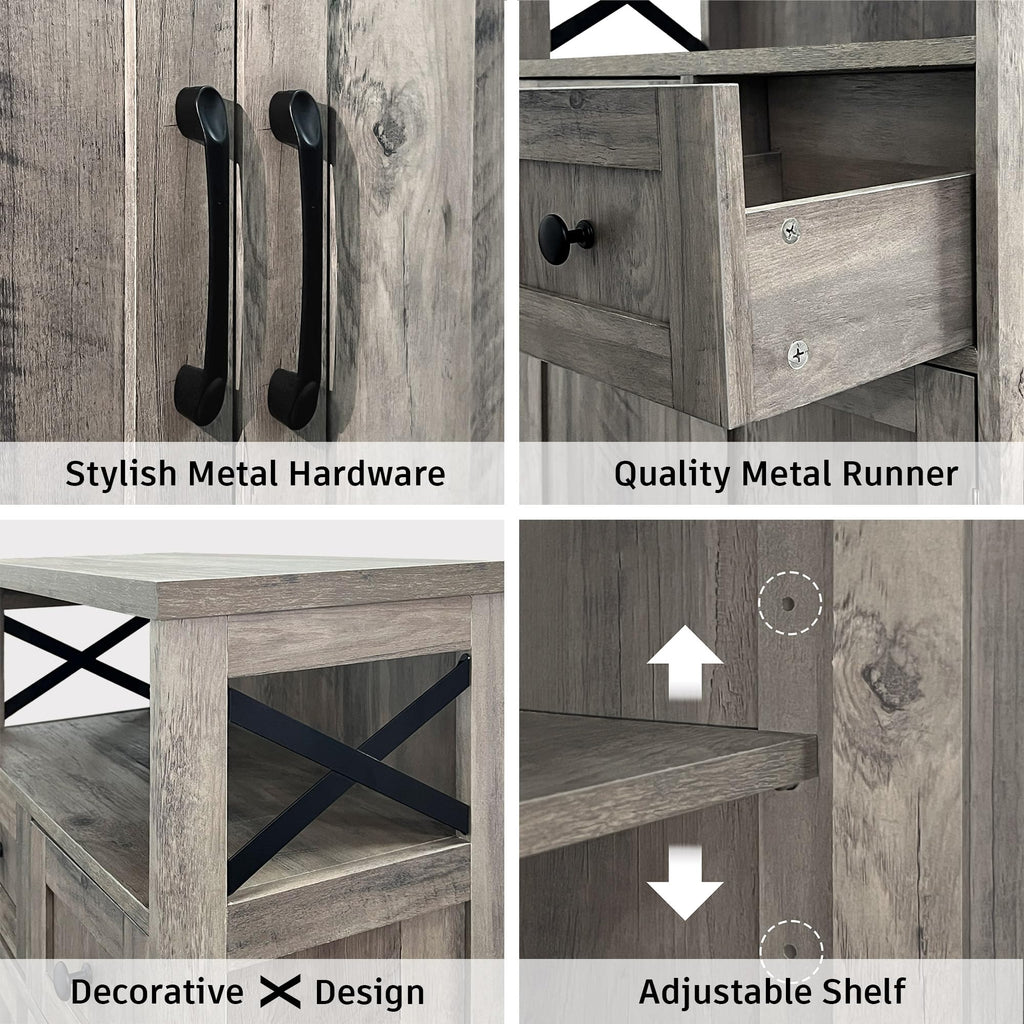 Farmhouse Storage Cabinet with Drawers and Shelf, Freestanding Kitchen Pantry Hutch, Rustic Grey