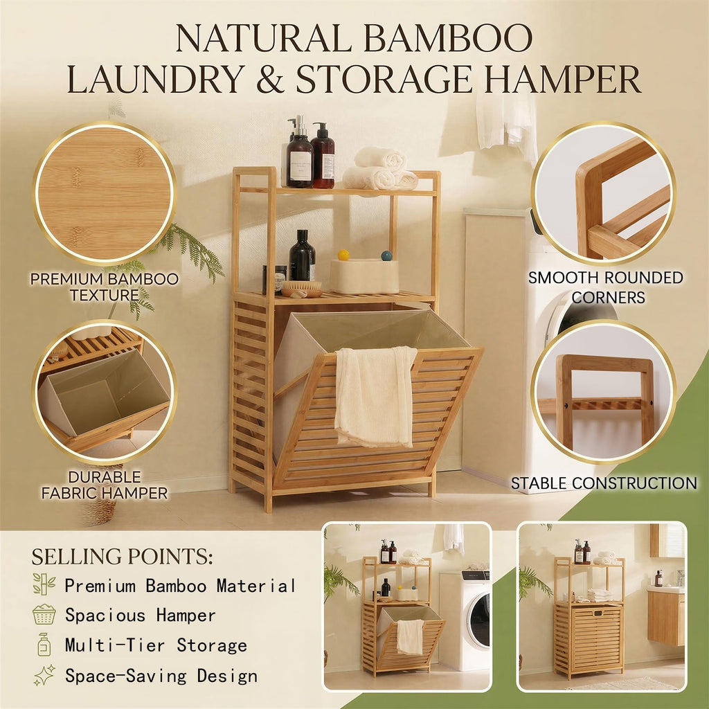 Tilt Out Laundry Hamper with Shelf - Bamboo Laundry Basket, Brown