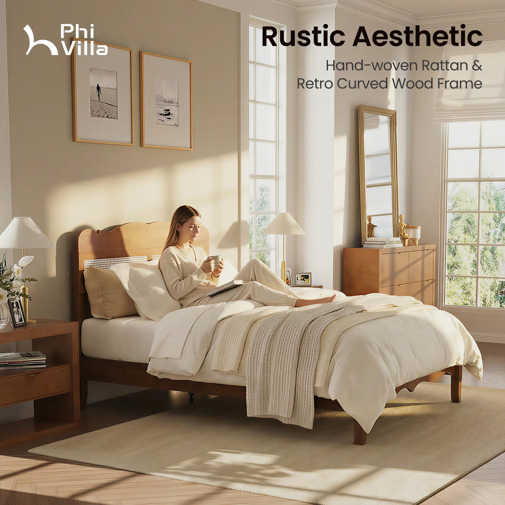 Solid Wood Full Size Bed Frame with Adjustable Headboard
