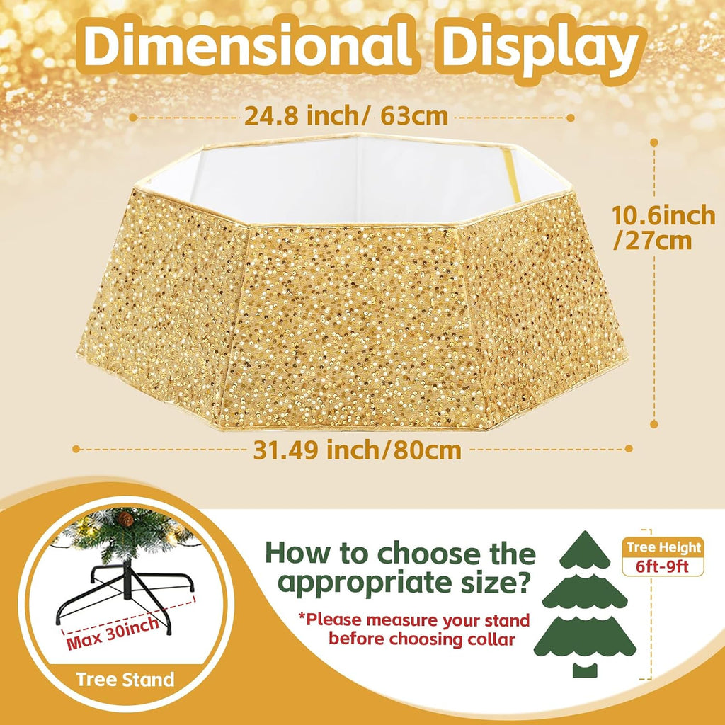 Gold Tree Collar for 9 ft Tree 31.49 Inch Shimmer Christmas Tree Ring Velvet Tree Skirt Cover for Xmas Pencil Tree