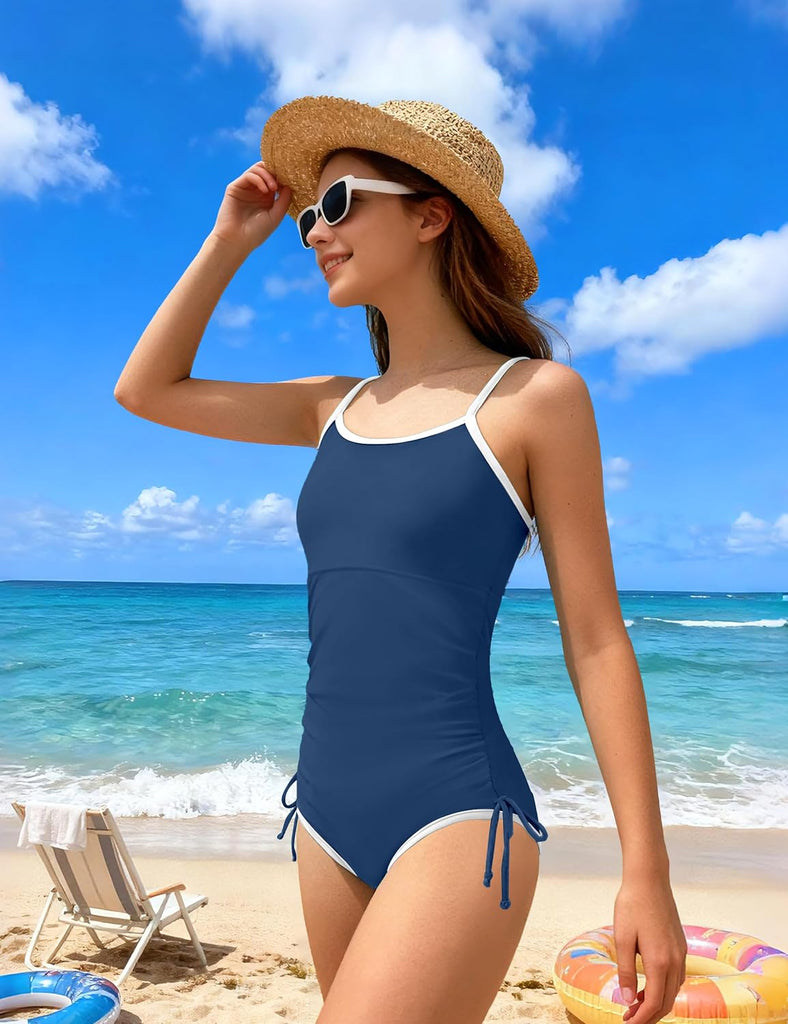 Girls Swimsuit One Piece Bathing Suit Color Block Strap Swimwear Drawstring Swimsuits for Teens with Padded
