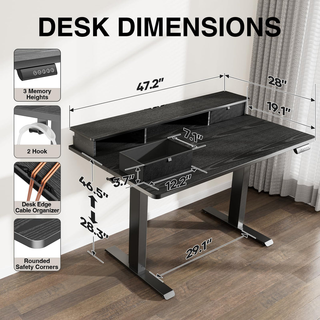 47x28 in Electric Standing Desk with Drawers, Adjustable Table, Black