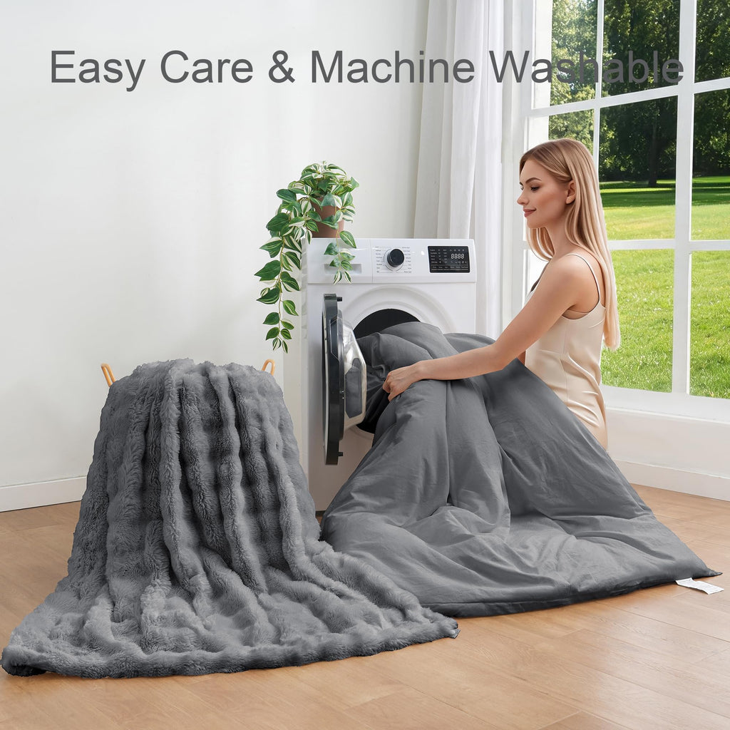 2-in-1 Faux Rabbit Fur Comforter Set, 6-Piece Grey