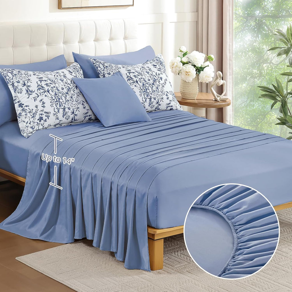 Blue Floral Comforter Set Queen, 8 Pieces Flower Botanical Bed in a Bag Bedding Set, Soft Microfiber Comforter, Sheets