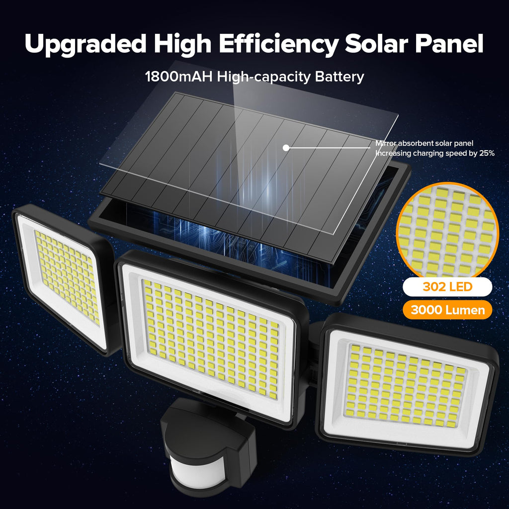Solar Outdoor Lights 302 LED, IP65 Waterproof Motion Sensor Outdoor Lights, 3 Heads Solar Security Flood
