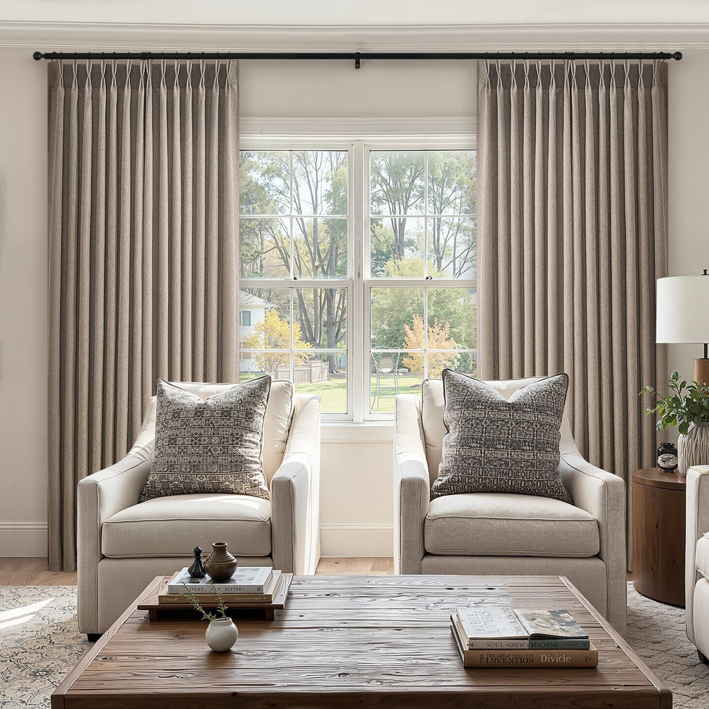 Extra Long 108 Inches Taupe Pinch Pleated Curtains 2 Panels Linen Textured