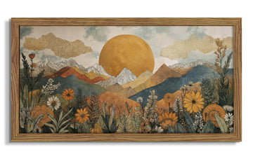 Framed Boho Landscape Large Wall Art, Abstract Sun Mountain Canvas Wall Decor Painting, Modern Floral Botanical