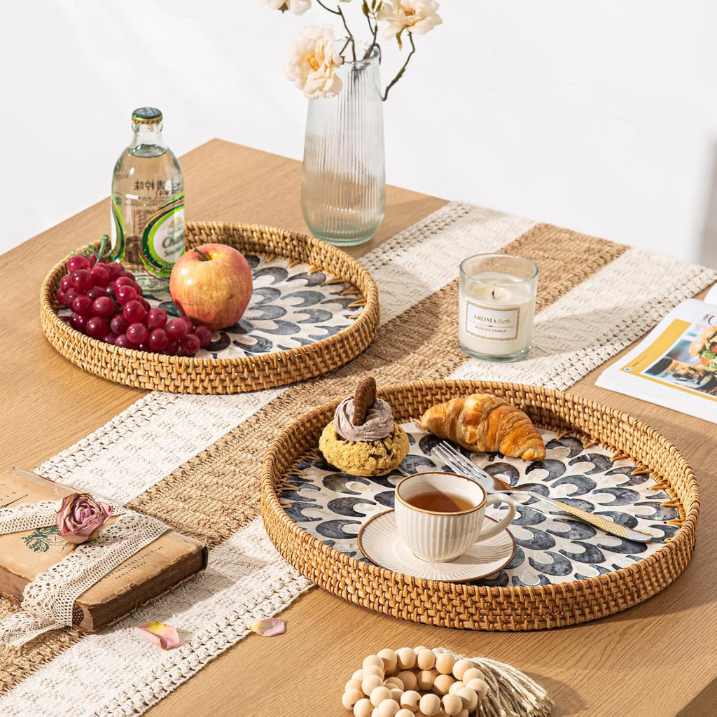 14 inch Round Rattan Tray Home Decor, Wicker Serving Tray with Mother of Pearl Inlay, Boho Decorative Tray for Coffee