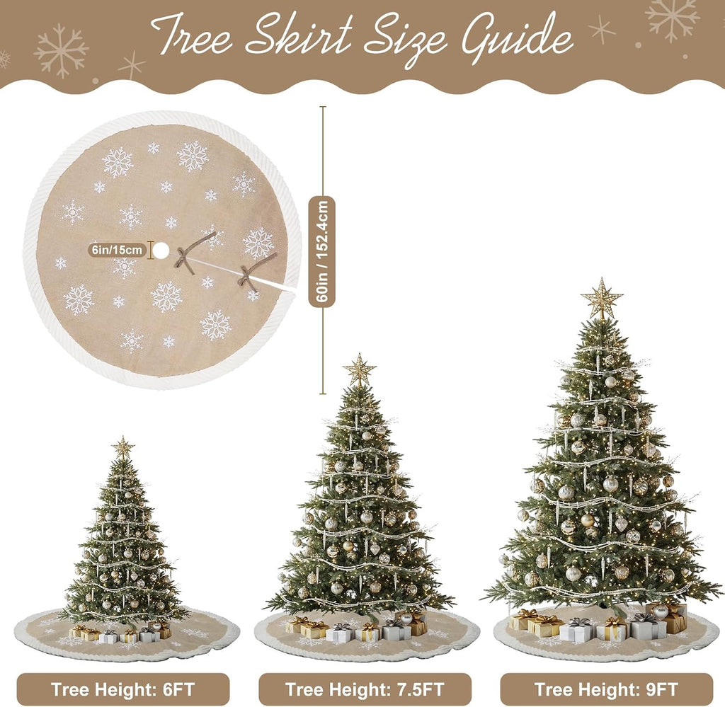 60 Inch Christmas Tree Skirt, Large Burlap Design with Fur Border Snowflake