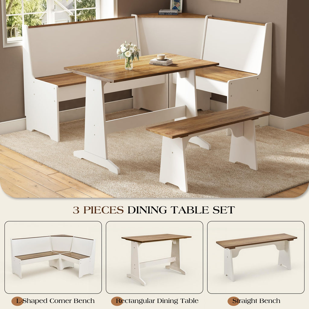 3-Piece Corner Dining Set with Hidden Storage, White & Barnwood