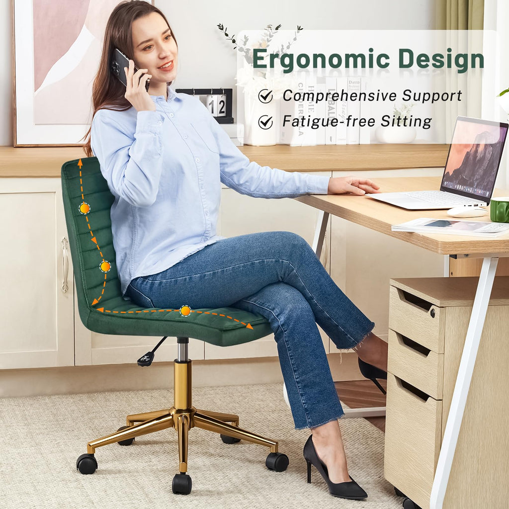 Armless Vanity Chair with Wheels, Computer Rolling Desk Chair with Back Soft Velvet Fabic Height Adjustable Gold