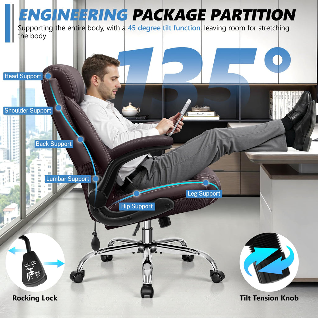 Executive Office Chair with Lumbar Support, Big and Tall Ergonomic Computer Desk Chair, Leather Comfy High Back