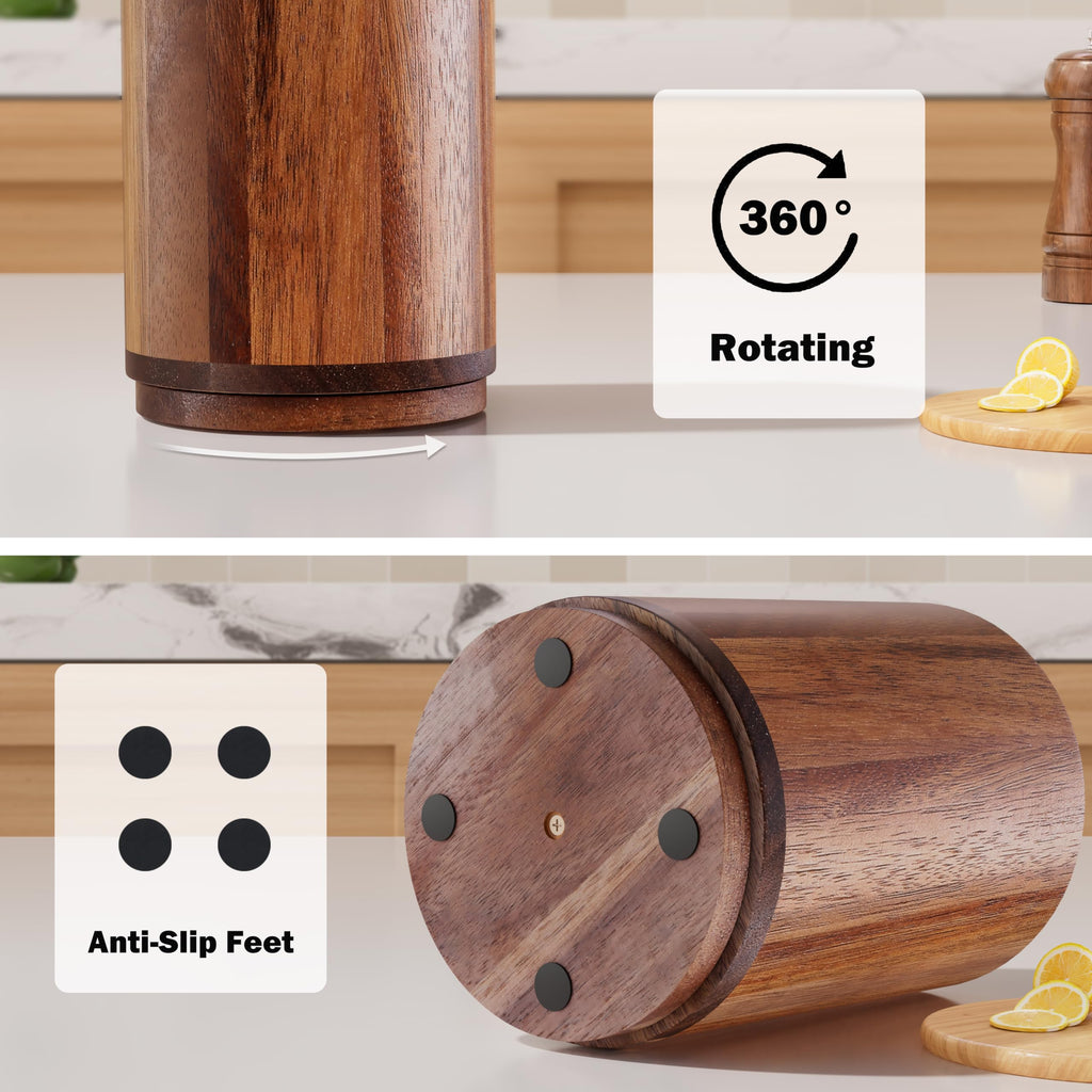Utensil Holder, Acacia Wood Kitchen Utensil Holder for Countertop, 360°Rotating Cooking Utensil Crock Counter, 7.2"