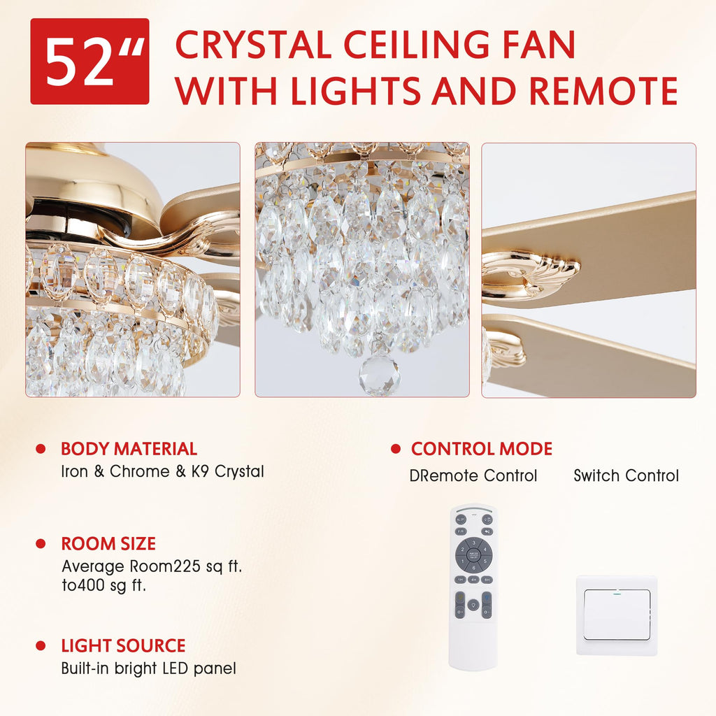 Crystal Ceiling Fan Fandelier with Lights-Modern Ceiling Fan(52" Gold)