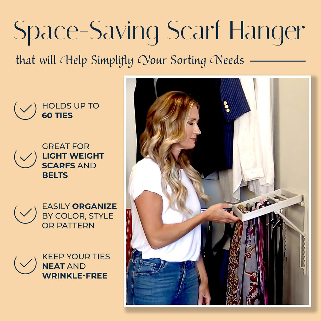 Wall Mounted Tie Rack and Scarf Organizer with 5 Belt Hooks