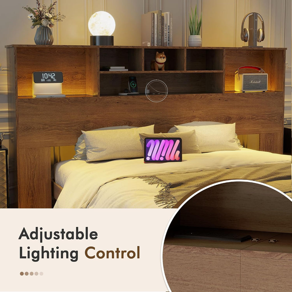 King Headboard Only, King Bookcase Headboard with Charging Station, Storage Wooden Head Board with USB & 2 Power
