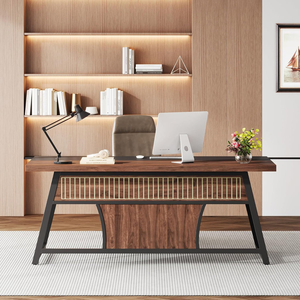 63-inch Executive Desk with Storage Shelf, Large Home Office Desk with Metal Frame & LED Light, Long Computer Desks