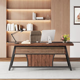 63-inch Executive Desk with Storage Shelf, Large Home Office Desk with Metal Frame & LED Light, Long Computer Desks