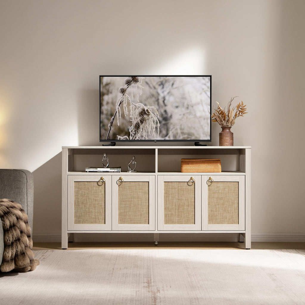 Large Boho Rattan TV Stand Entertainment Center Cabinet for 120" TV