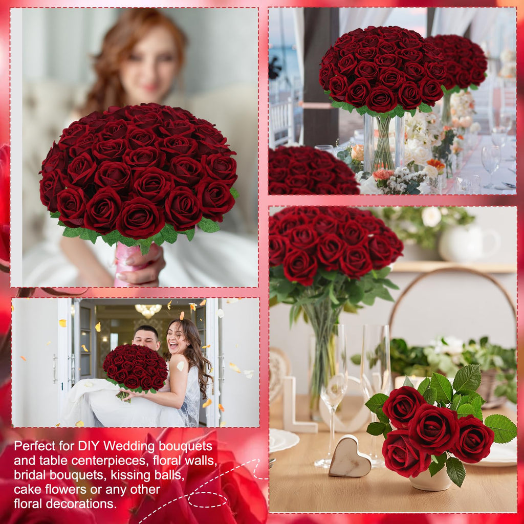 36 Pcs Velvet Texture Burgundy Artificial Flowers Bridal Bouquet