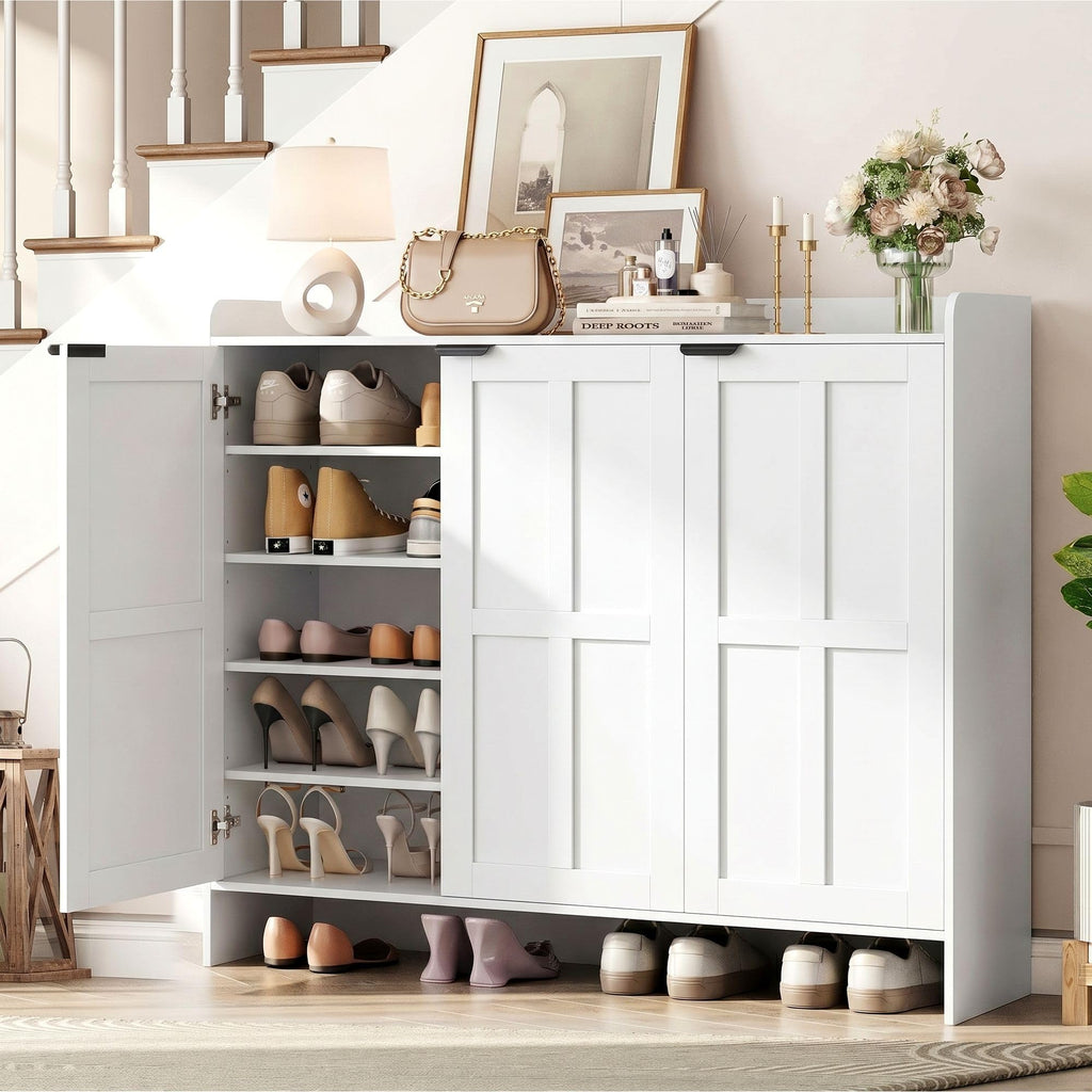 Farmhouse Shoe Cabinet with Doors, 4 Adjustable Shelves, White