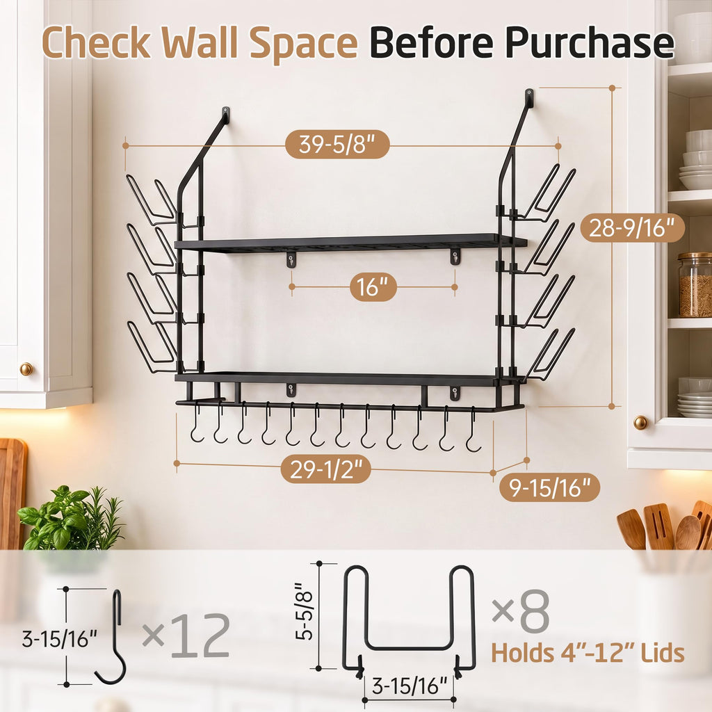 Pot Rack Wall Mounted, 8 Secure Lid Holders & 12 Sturdy Hooks
