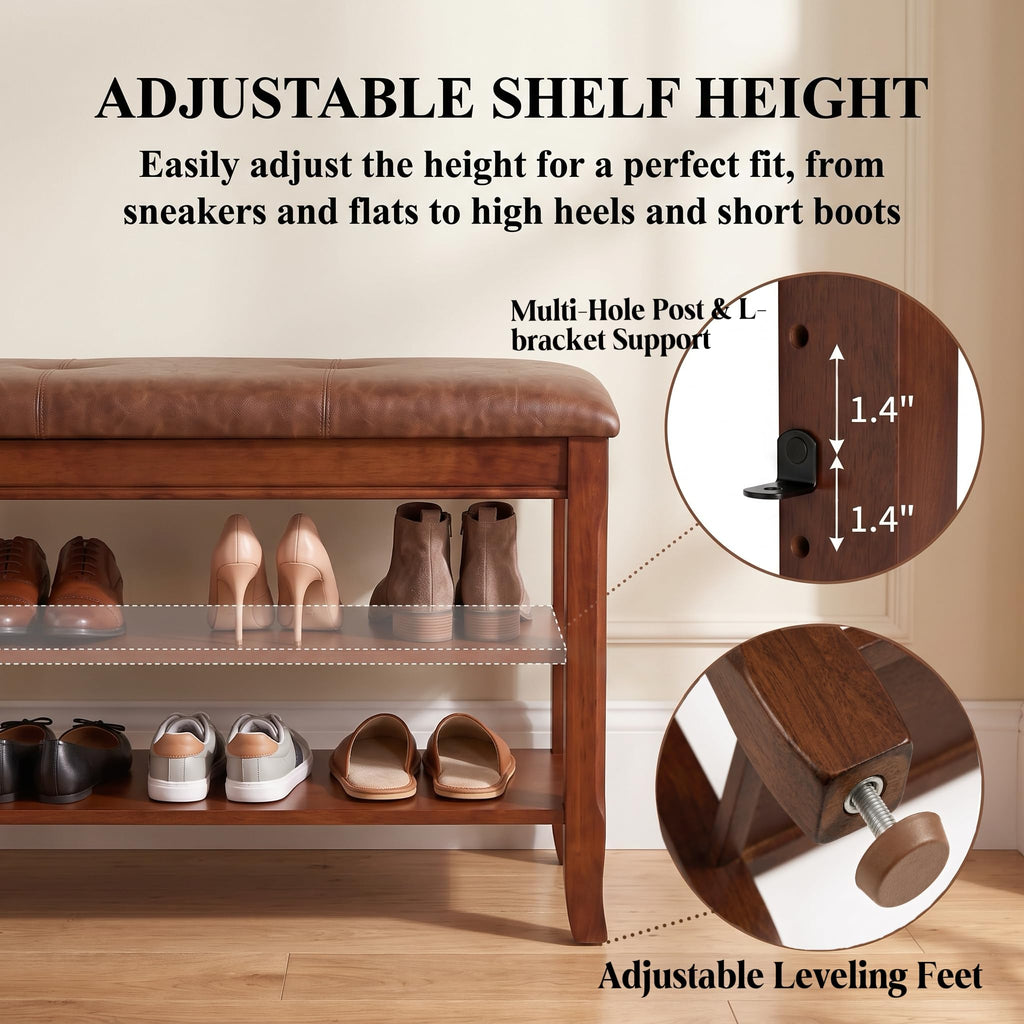 Shoe Rack Bench Solid Wood Shoe Bench Entryway with Leather Cushion 31.5''