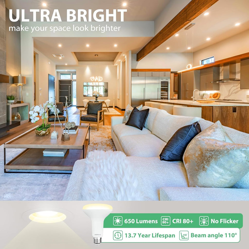 12 Pack BR30 LED Recessed Light Bulb, Dimmable Indoor Flood Light Bulbs CRI80 7W Equivalent 65W 2700K Soft White 650