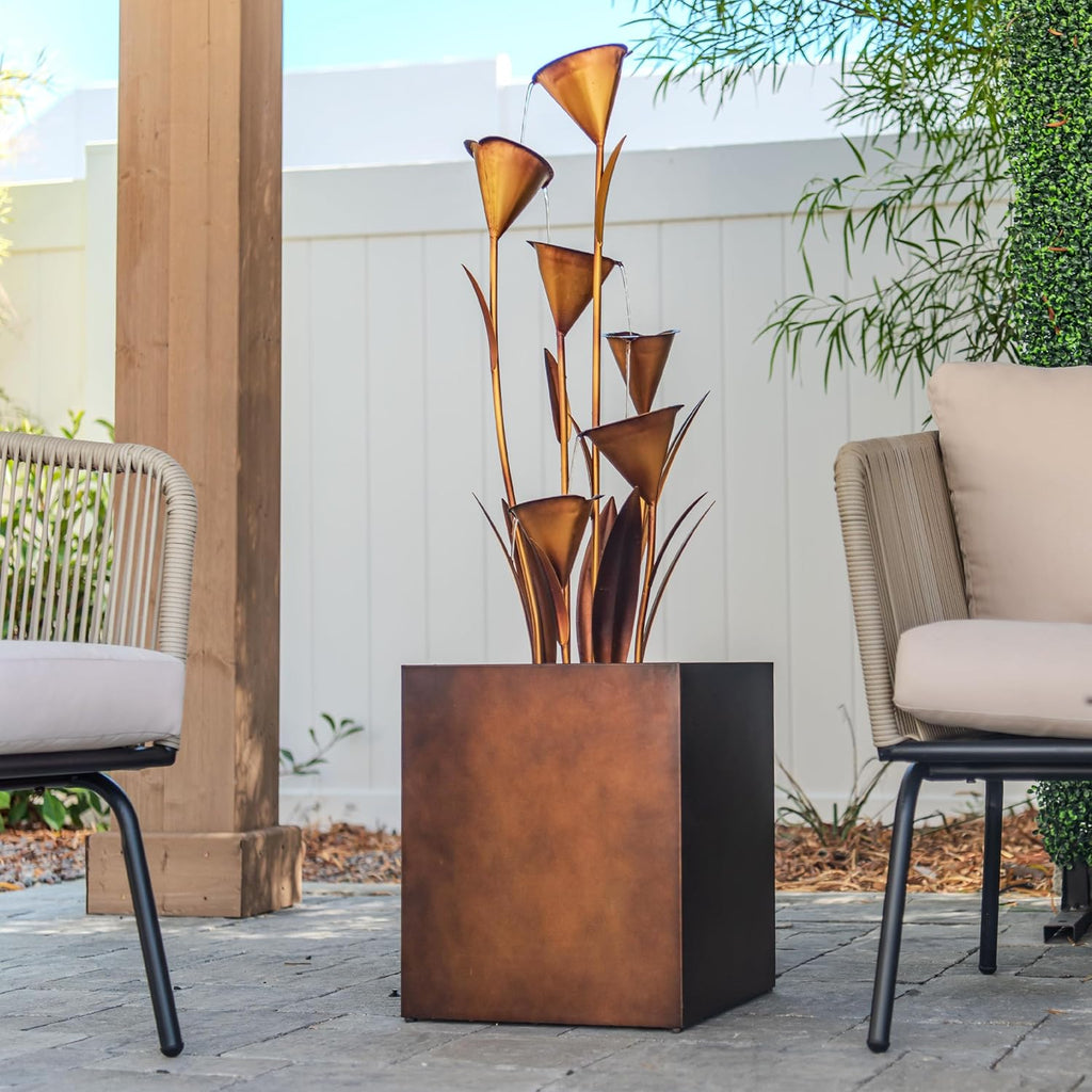 46-Inch Sculptural Metal Multi-Tier Flower Water Fountain, Bronze