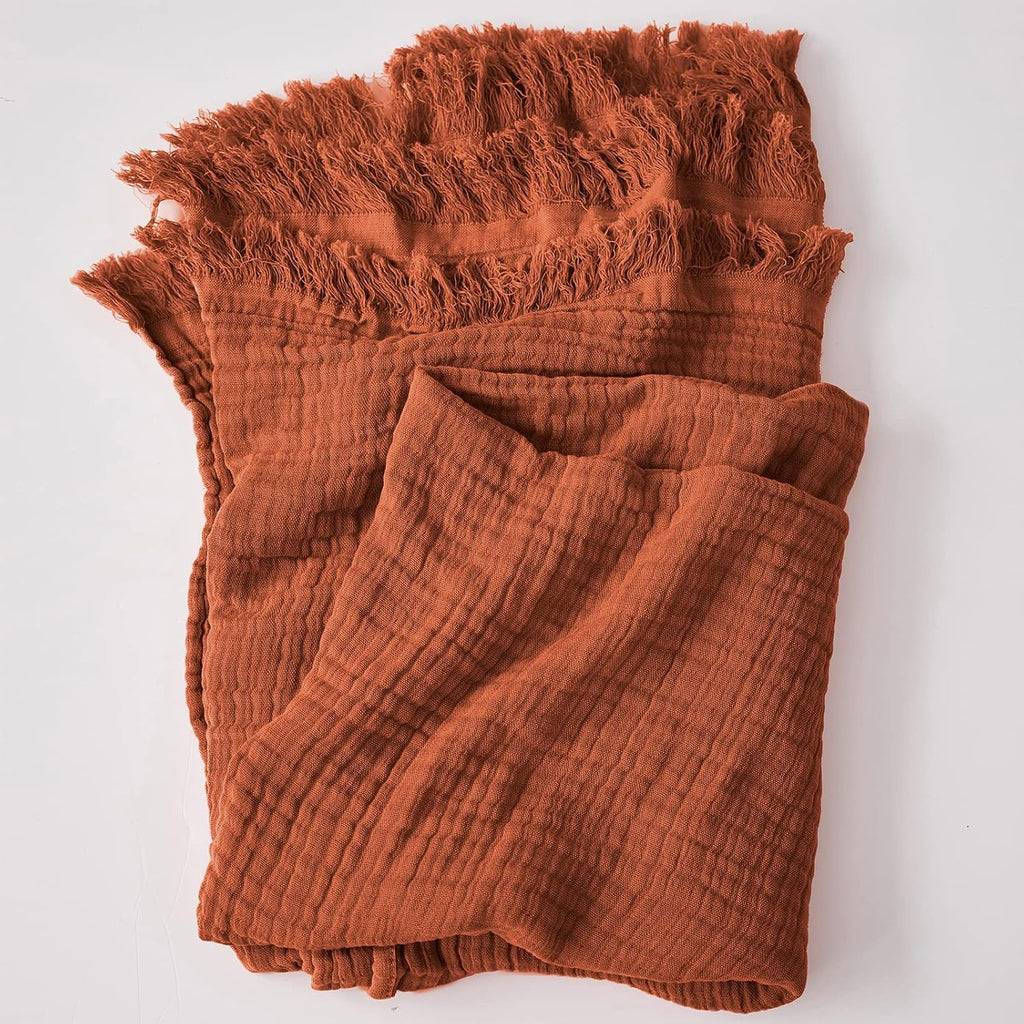 Cotton Muslin Throw Blanket, Knit Woven Gauze Blanket with Tassels, Soft Lightweight Cozy Pre-Washed Breathable
