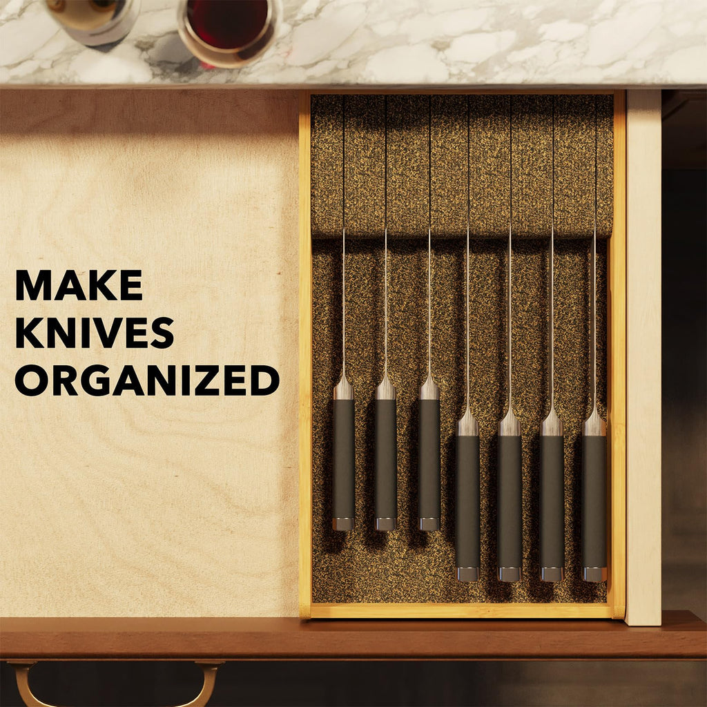 Knife Drawer Organizer 9 inches Wide Bamboo Insert Dock, Kitchen Steak Knives Holder Organizers Block for Drawer