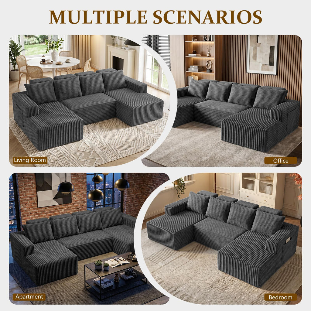 Boneless Couches 113" - Modular Sectional Sofa with Side Pockets U Shaped High Back Oversized Deep Seat Corduroy No