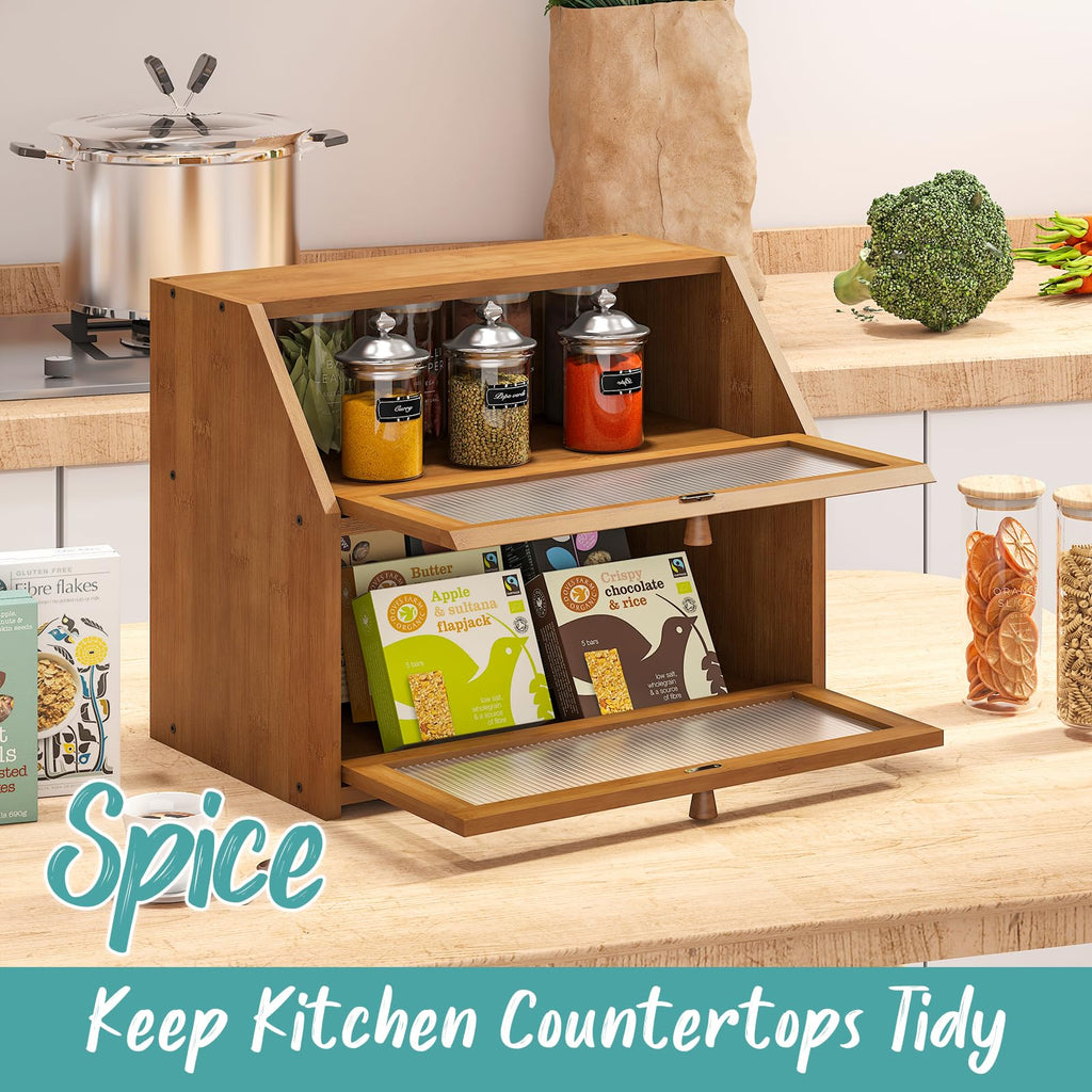 Counter, Large Bamboo Wood Double Layer, Wooden Bread Storage Capacity