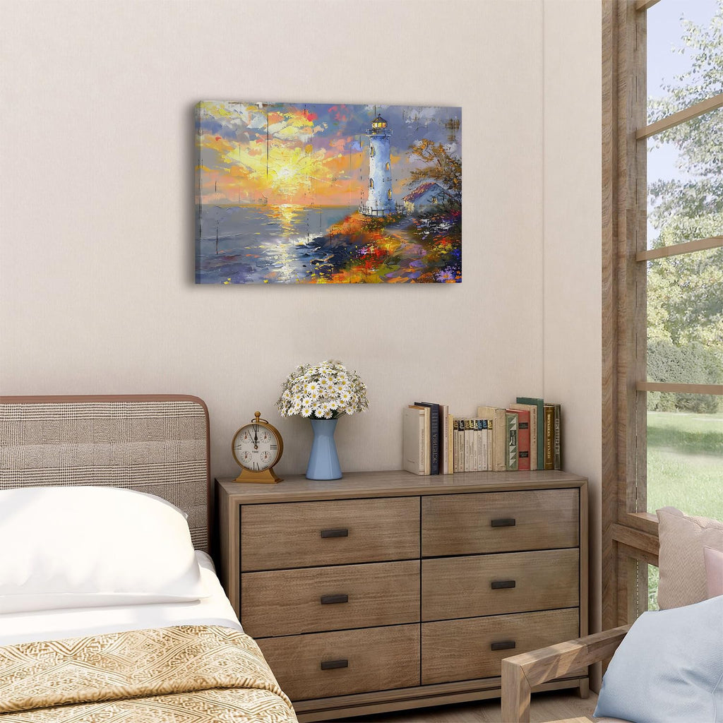 Sunset Coastal Wall Art Lighthouse Pictures Abstract Nature Beach Scenery Canvas Prints Ocean Landscape Wall Decor
