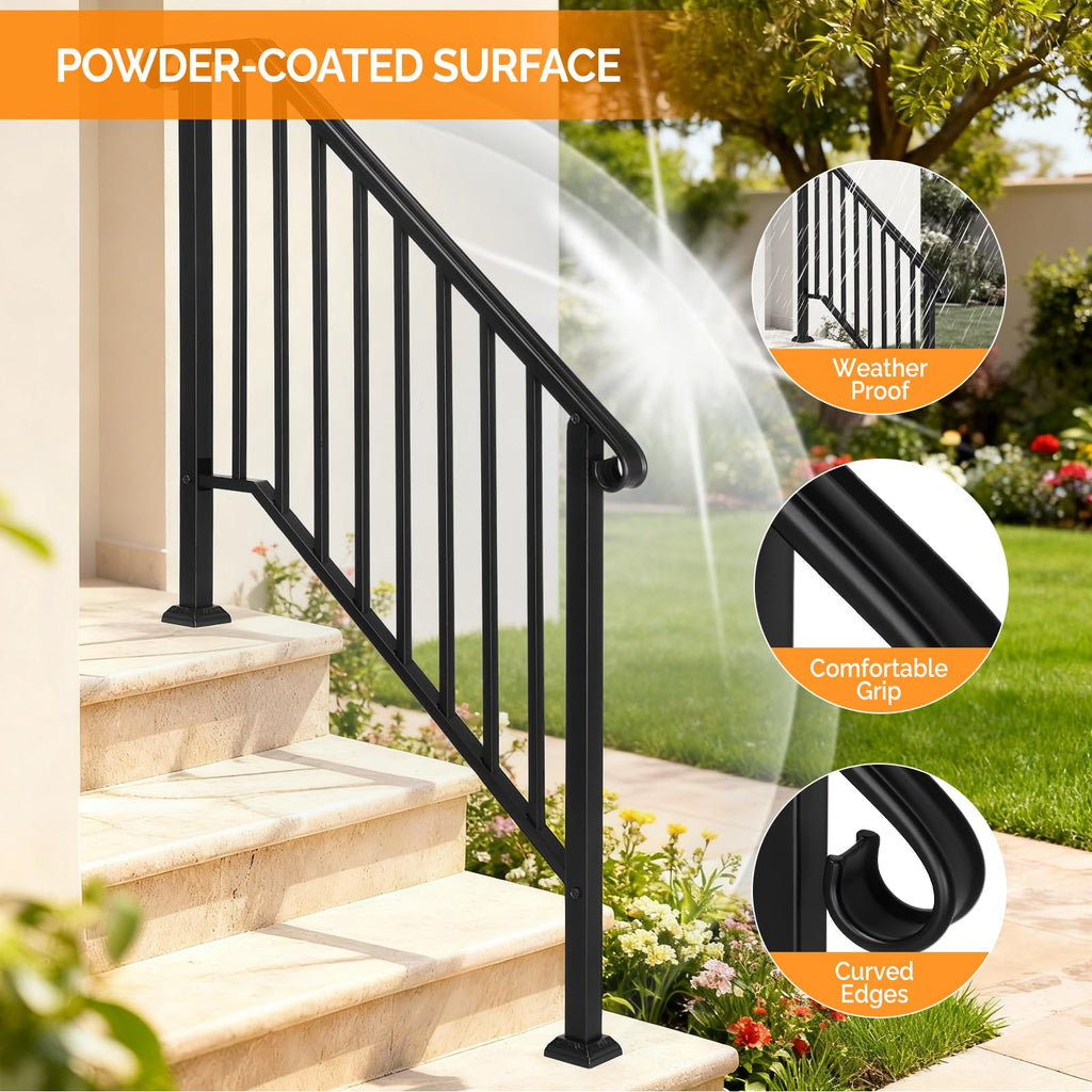 Handrails for Outdoor Steps, Stair Handrail Fits 1 to 5 Steps, Wrought Iron Hand Rail Stair Railing Kit for