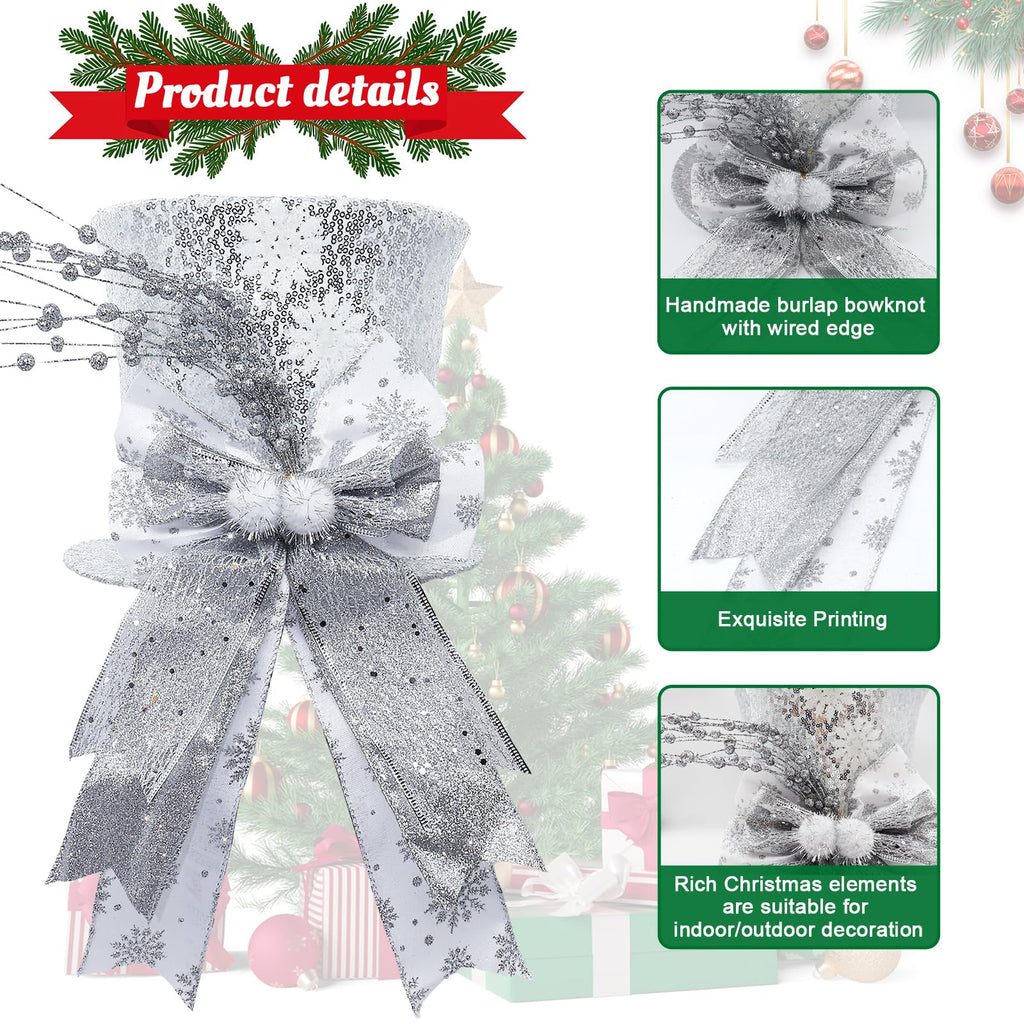 Christmas Tree Topper Hat with Bow, Glitter Top Hat Ornament with Wired Bow