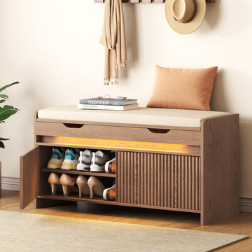 Shoe Storage Bench, Modern Entryway Bench with Fluted Doors & Built-in LED Sensor Light, Wooden Shoe Bench with