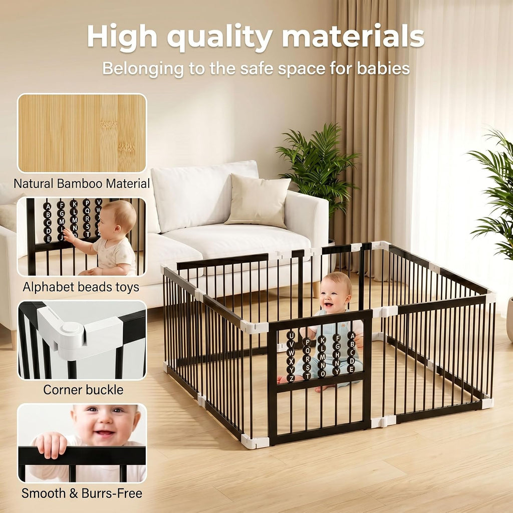 Bamboo Baby Playpen 64x64x26-8 Panel Adjustable Multi-Shape Large Play Yard for Toddlers with Locking Gate