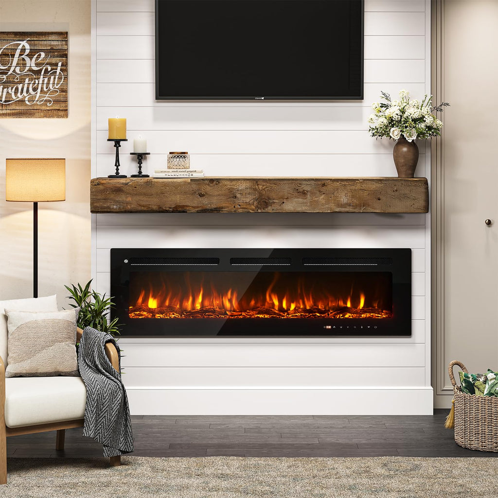60" Smart Electric Fireplace Heater, Wide Recessed/Wall Mounted Electric Fireplace, Remote Control with Timer, 12