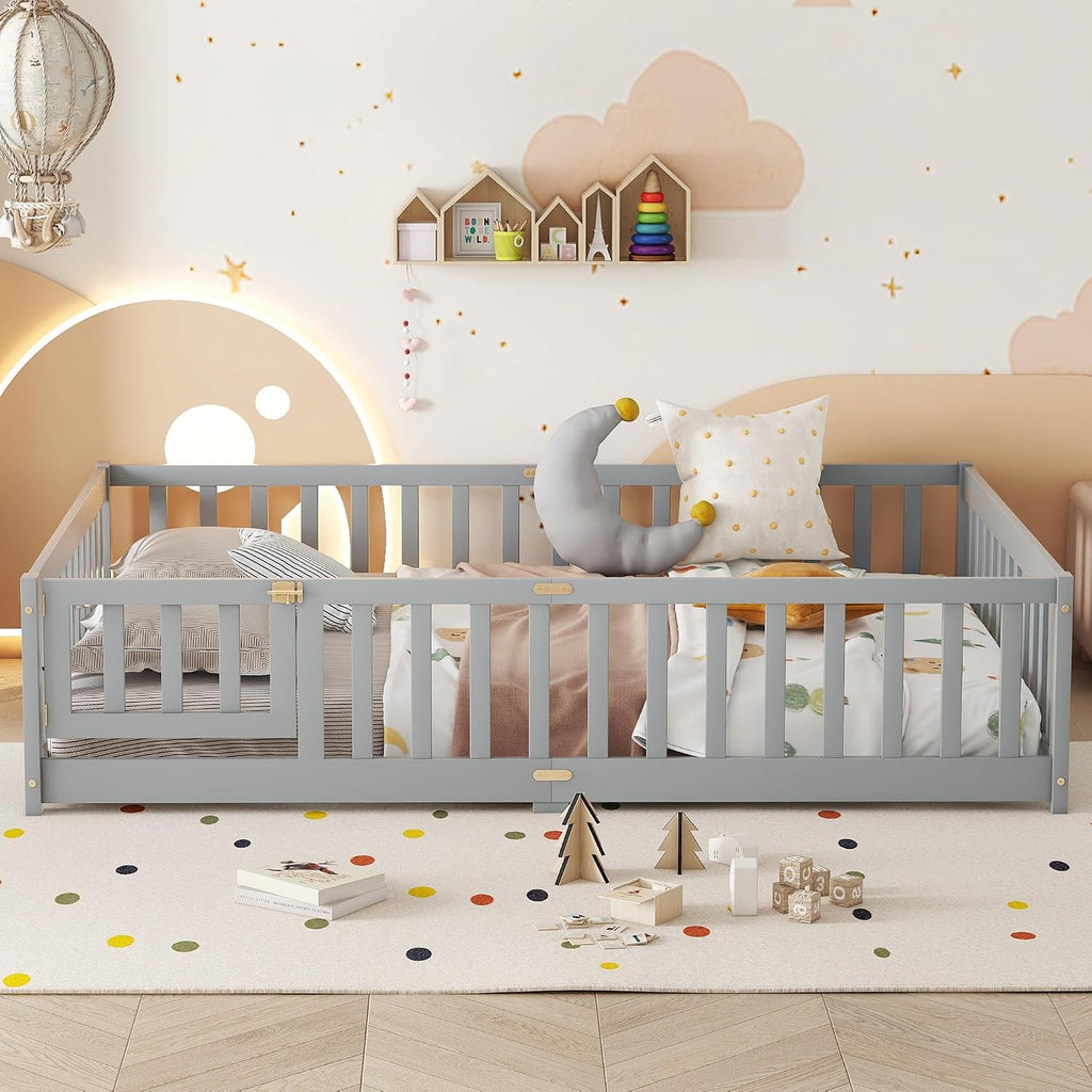 Floor Bed Frame with Fence & Slats, Rubber Wood Montessori Floor Bed with Safety Guardrails &