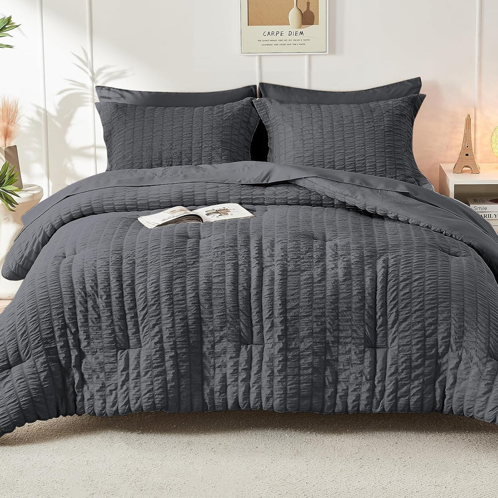 7 Piece King Comforter Set Seersucker, All Season Luxury Bed in a Bag, Bedding Set with Comforters, Sheets