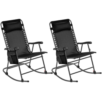 Patio Rocking Chair Folding Camping Chair with Pocket, Black